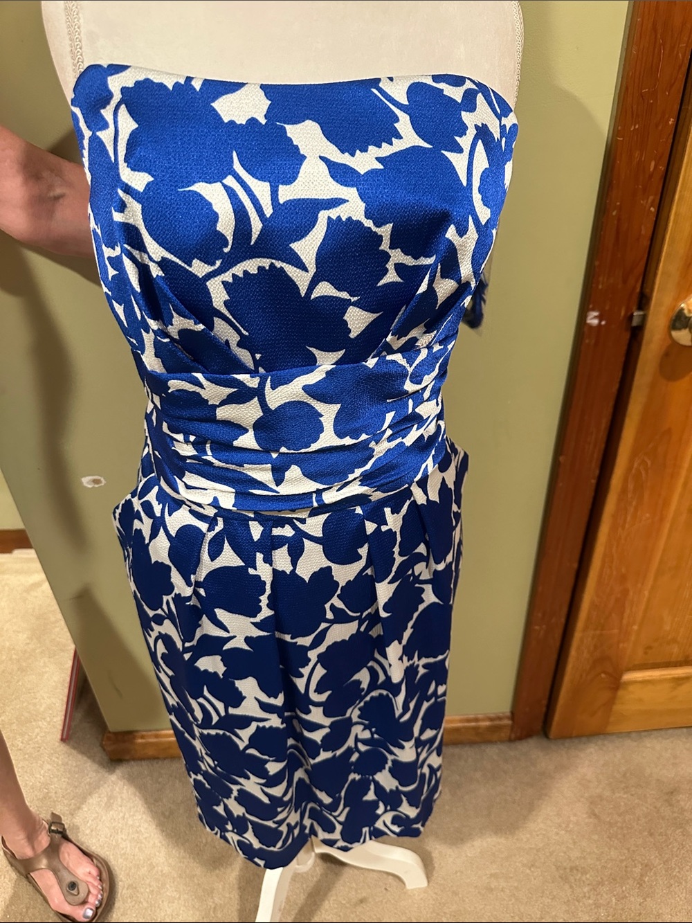 David’s Bridal Blue and White Strapless Floral Midi Dress